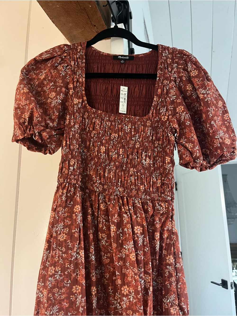 Madewell Rust Floral Smocked Puff Sleeve Dress